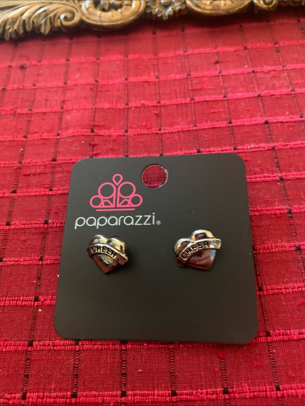 paparazzi Silver-Tone Heart 'CHEER' Stud Earrings